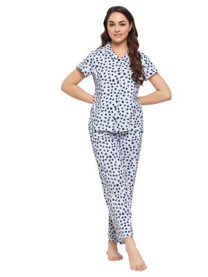 Clovia Women's Cotton Print Me Pretty Button Down Shirt & Pyjama Set in White