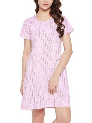Clovia Women's Cotton Print Me Pretty Short Night Dress in Pink