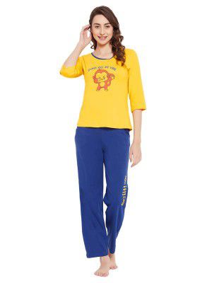 Clovia Women's Cotton Print Me Pretty Top in Yellow & Chic Basic Pyjama Set in Yellow