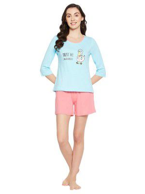 Clovia Women's Cotton Print Top & Chic Basic Shorts Set