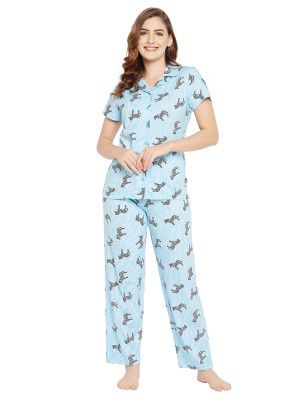 Clovia Women's Cotton Printed Button Down Shirt & Pyjama Set