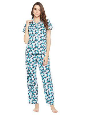 Clovia Women's Cotton Printed Button Down Shirt & Casual Style Pyjama Set