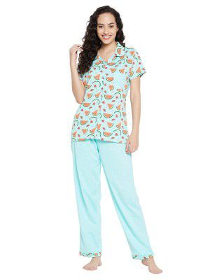 Clovia Women's Cotton Printed Button Me Up Shirt & Pyjama Set