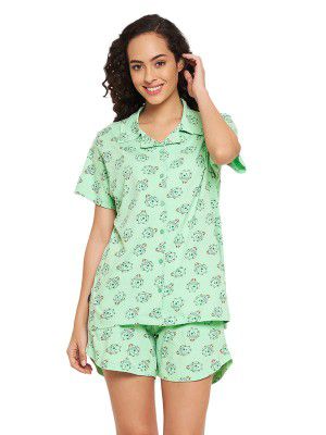 Clovia Women's Cotton Printed Button Me Up Shirt & Shorts Set in Green