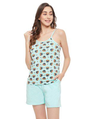 Clovia Women's Cotton Printed Cami Top and Basic Shorts Set in Blue