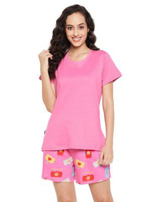 Clovia Women's Cotton Printed Relaxed T-Shirt & Shorts Set