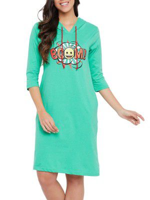 Clovia Women's Cotton Printed Short Hoodie Night Dress with Pocket