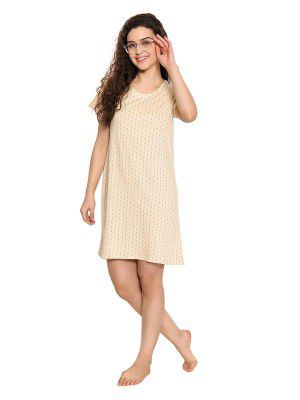 Clovia Women's Cotton Printed Short Night Dress in Yellow Colour