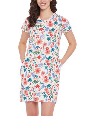 Clovia Women's Cotton Printed Short Night Dress - White