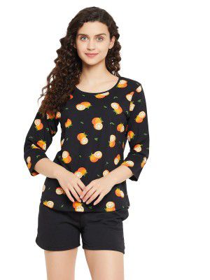 Clovia Women's Cotton Printed Sleep Tees in Black