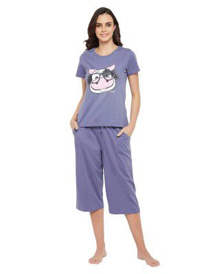 Clovia Women's Cotton Printed Top & Basic Capri Set