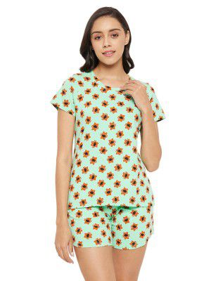 Clovia Women's Cotton Printed Top & Boxer Shorts Set