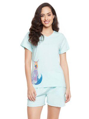 Clovia Women's Cotton Printed Top & Boxer Shorts Set