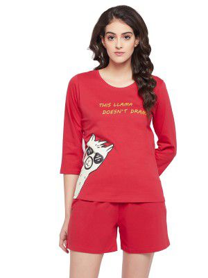 Clovia Women's Cotton Printed Top & Chic Basic Shorts in Red