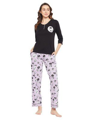 Clovia Women's Cotton Printed Top & Pyjama Set