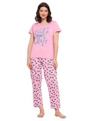 Clovia Women's Cotton Printed Top & Pyjama Set - Pink