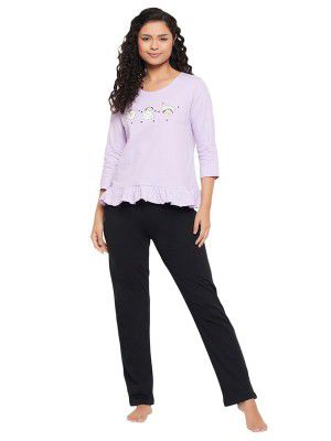Clovia Women's Cotton Printed Top & Pyjama Set - Purple