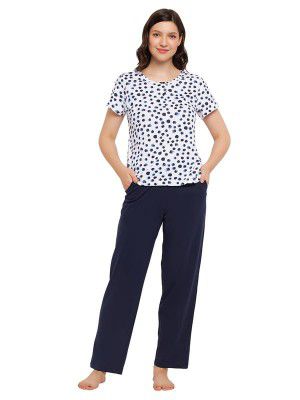Clovia Women's Cotton Printed Top & Pyjama Set - White
