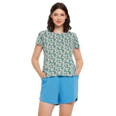 Clovia Women's Cotton Printed Top & Shorts Set in Blue
