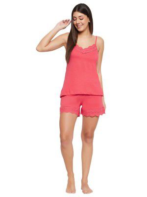 Clovia Women's Cotton Solid Top & Shorts Set in Pink