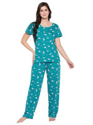 Clovia Women's Cotton Spaceship Print Top & Pyjama Set in Teal