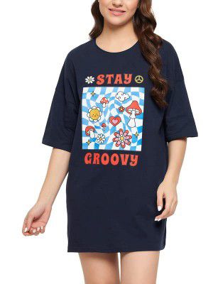 Clovia Women's Cotton Text & Graphic Print Oversized T-Shirt in Blue