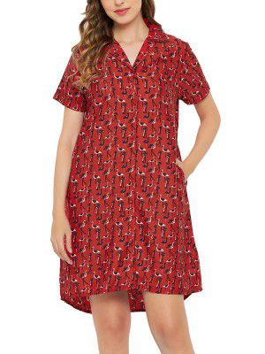 Clovia Women's Crepe Flamingo Print Short Night Dress in Red