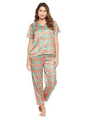 Clovia Women's Crepe Print Me Pretty Button Down Shirt & Pyjama Set in Multicolor