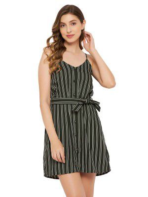 Clovia Women's Crepe Sassy Stripes Resort Wear Dress with Tie-Up Belt in Green