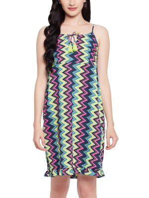Clovia Women's Crepe Striped Resort Wear Slip Dress with Ruffles