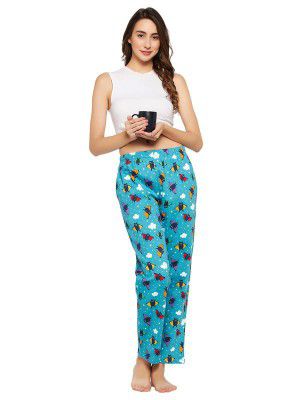 Clovia Women's Fleece Christmas Print Pyjama With Pocket In Blue