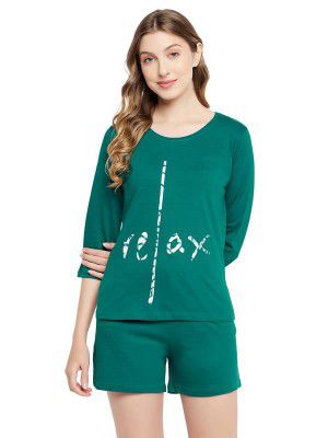 Clovia Women's Graphic & Text Print Top & Chic Basic Shorts in Green - 100% Cotton