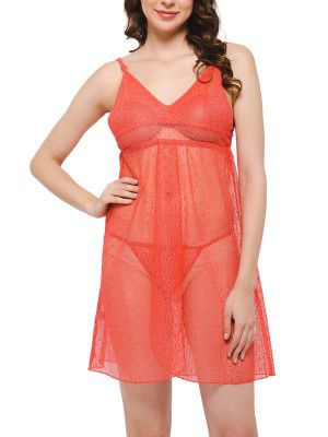 Clovia Women's Lace Chic Basic Semi-Sheer Knee Length Baby Doll with Matching G-String