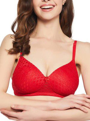 Clovia Women's Lace Solid Padded Full Cup Wire Free Everyday Bra - Light Red