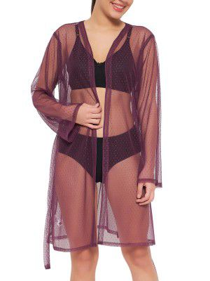 Clovia Women's Lace Solid Robe In Purple