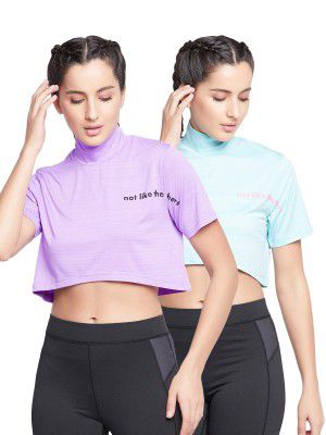 Clovia Women's Pack of 2 Comfort Fit Text Print Turtleneck Active Crop Top