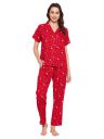 Clovia Women's Rayon Pretty Florals Button Down Shirt & Pyjama Set - Red...