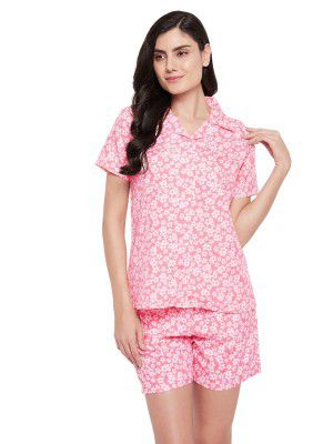 Clovia Women's Rayon Pretty Florals Button Me Up Shirt & Shorts Set