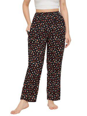 Clovia Women's Rayon Pretty Florals Pyjama in Black