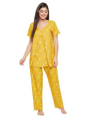 Clovia Women's Rayon Printed Feeding Nightsuit in Yellow