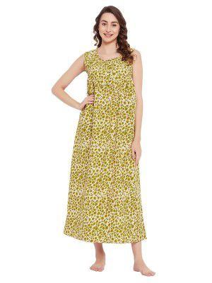 Clovia Women's Rayon Printed Long Night Dress- Green