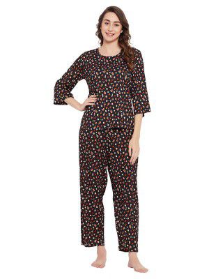 Clovia Women's Rayon Printed Top & Pyjama Set in Black