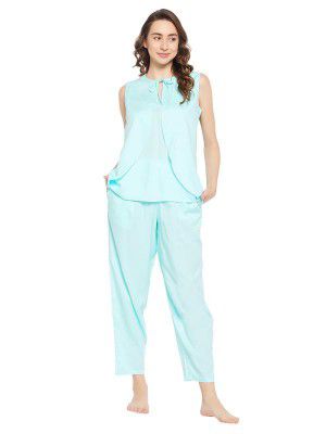 Clovia Women's Rayon Solid Top & Pyjama Set- Blue