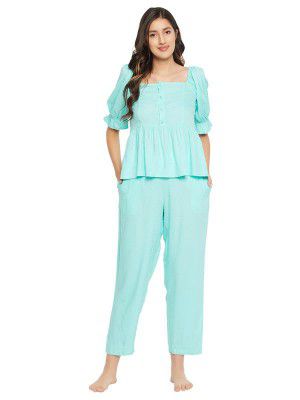 Clovia Women's Rayon Solid Top & Pyjama Set in Blue