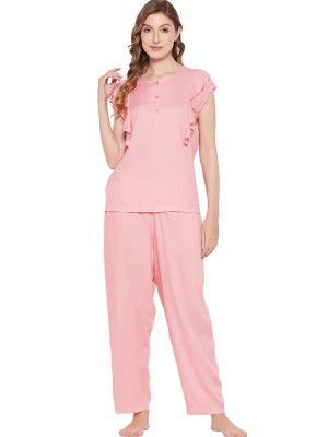 Clovia Women's Rayon Solid Top & Pyjama Set - Pink