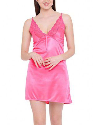 Clovia Womens Satin Babydoll with Lace Neckline
