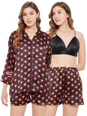 Clovia Women's Satin Emoji Print 3 Piece Nightwear Set