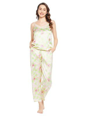 Clovia Women's Satin Emoji Print Cami Top & Pyjama Set