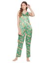 Clovia Women's Satin Pretty Florals Cami Top & Pyjama Set in Green...
