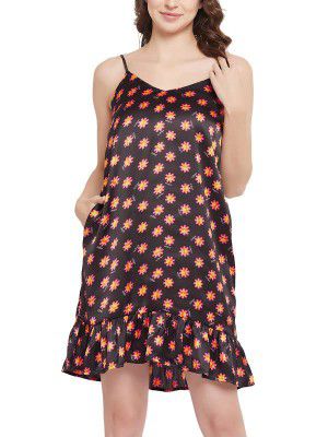 Clovia Women's Satin Print Me Pretty Short Night Dress in Black
